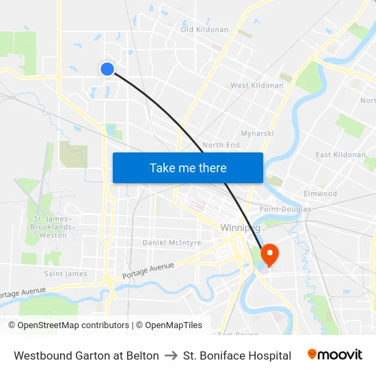 Westbound Garton at Belton to St. Boniface Hospital map