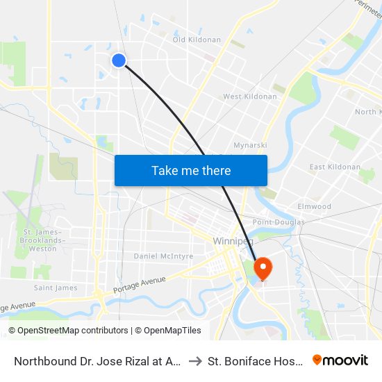 Northbound Dr. Jose Rizal at Adsum to St. Boniface Hospital map