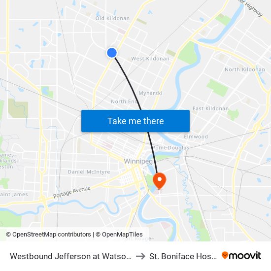 Westbound Jefferson at Watson East to St. Boniface Hospital map