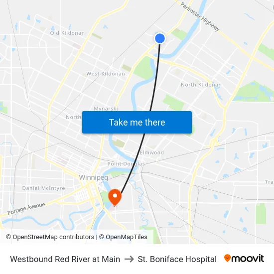 Westbound Red River at Main to St. Boniface Hospital map