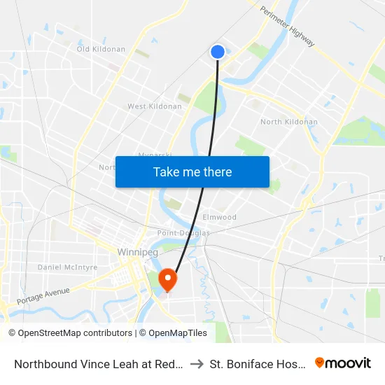 Northbound Vince Leah at Red River to St. Boniface Hospital map