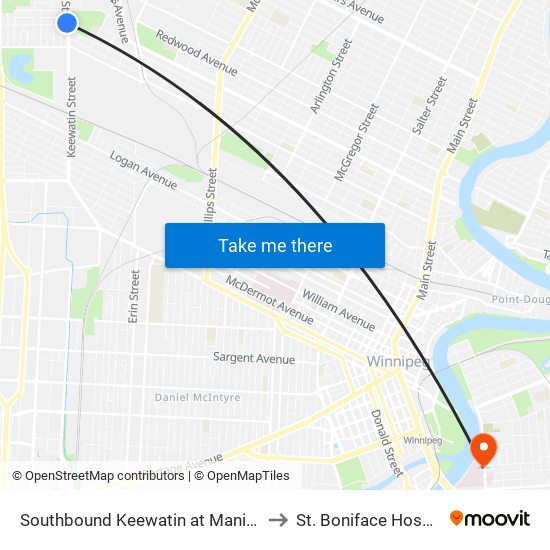 Southbound Keewatin at Manitoba to St. Boniface Hospital map