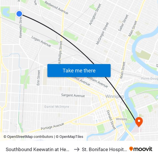 Southbound Keewatin at Hekla to St. Boniface Hospital map