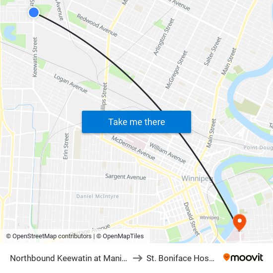 Northbound Keewatin at Manitoba to St. Boniface Hospital map