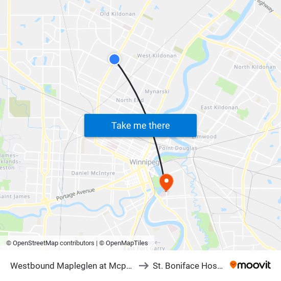 Westbound Mapleglen at Mcphillips to St. Boniface Hospital map