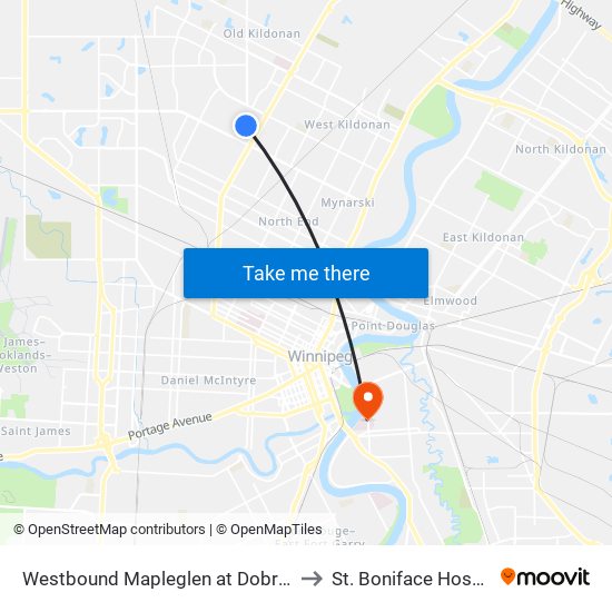 Westbound Mapleglen at Dobrinsky to St. Boniface Hospital map