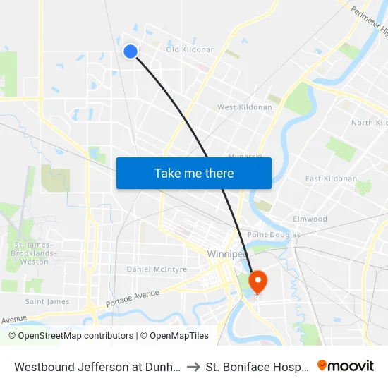 Westbound Jefferson at Dunham to St. Boniface Hospital map