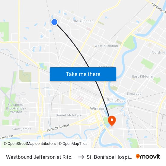 Westbound Jefferson at Ritchie to St. Boniface Hospital map