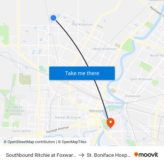 Southbound Ritchie at Foxwarren to St. Boniface Hospital map