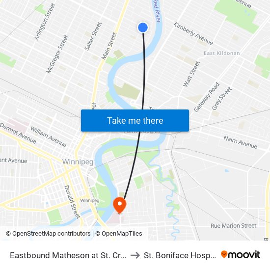 Eastbound Matheson at St. Cross to St. Boniface Hospital map