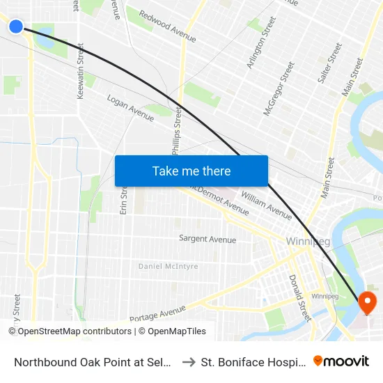 Northbound Oak Point at Selkirk to St. Boniface Hospital map