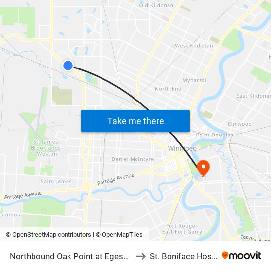 Northbound Oak Point at Egesz South to St. Boniface Hospital map