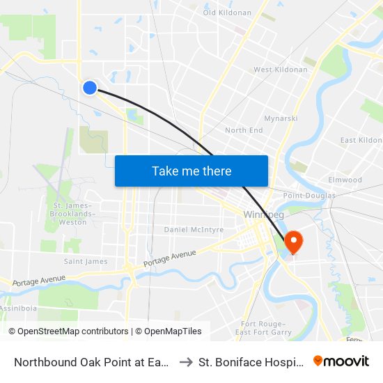 Northbound Oak Point at Eagle to St. Boniface Hospital map