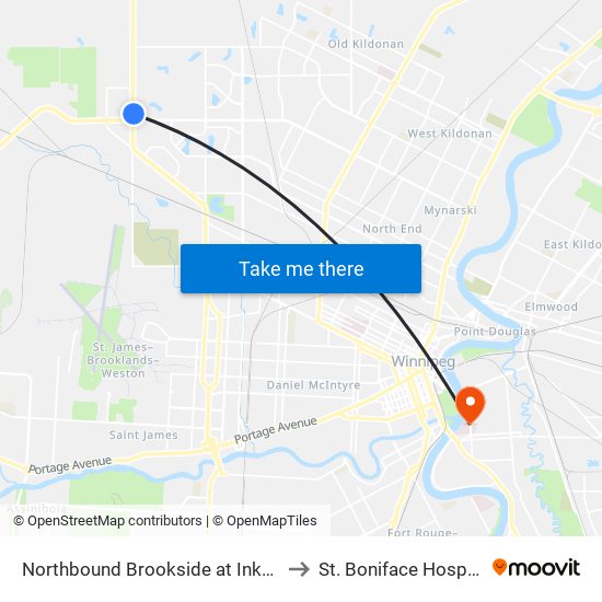 Northbound Brookside at Inkster to St. Boniface Hospital map