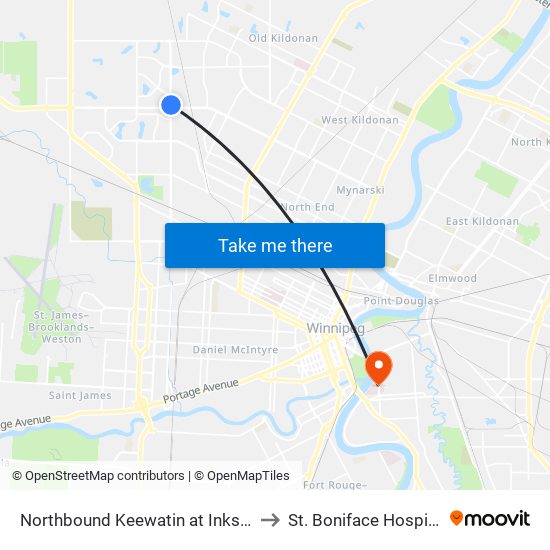 Northbound Keewatin at Inkster to St. Boniface Hospital map