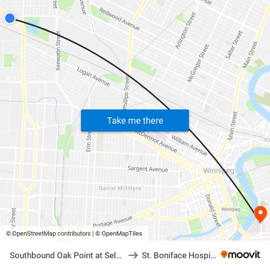 Southbound Oak Point at Selkirk to St. Boniface Hospital map