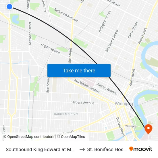 Southbound King Edward at Manitoba to St. Boniface Hospital map