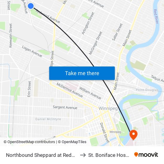 Northbound Sheppard at Redwood to St. Boniface Hospital map