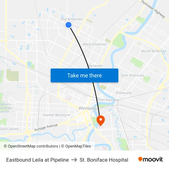 Eastbound Leila at Pipeline to St. Boniface Hospital map