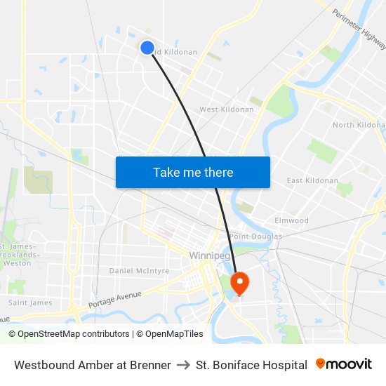 Westbound Amber at Brenner to St. Boniface Hospital map