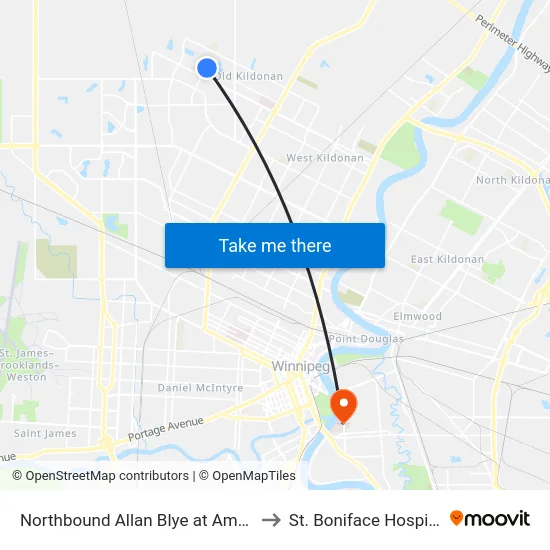 Northbound Allan Blye at Amber to St. Boniface Hospital map