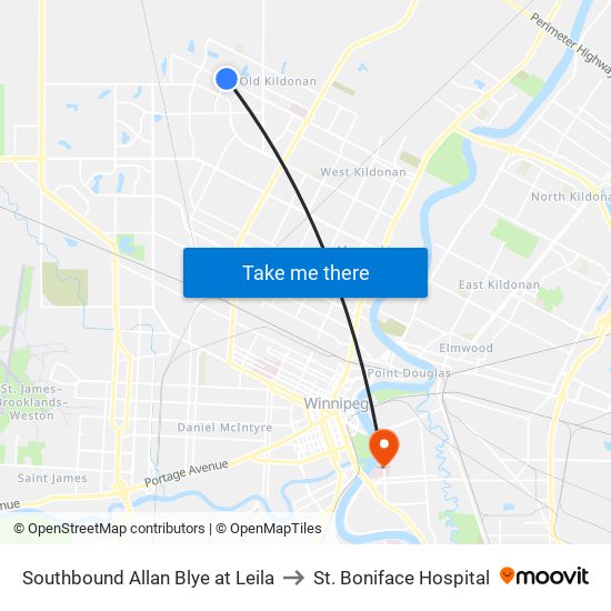 Southbound Allan Blye at Leila to St. Boniface Hospital map