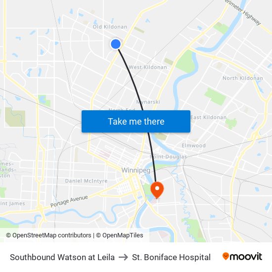 Southbound Watson at Leila to St. Boniface Hospital map