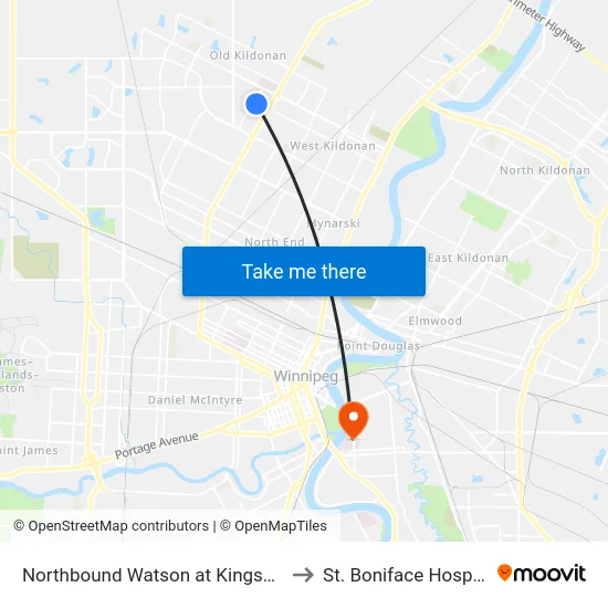 Northbound Watson at Kingsbury to St. Boniface Hospital map