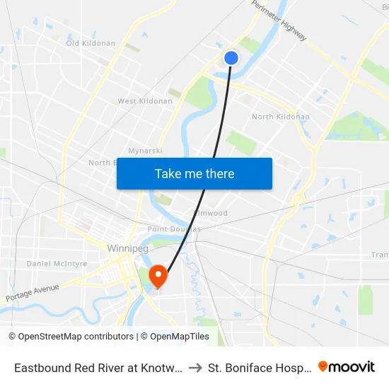 Eastbound Red River at Knotwood to St. Boniface Hospital map