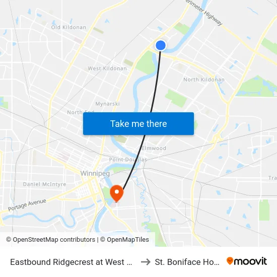 Eastbound Ridgecrest at West Kildonan to St. Boniface Hospital map