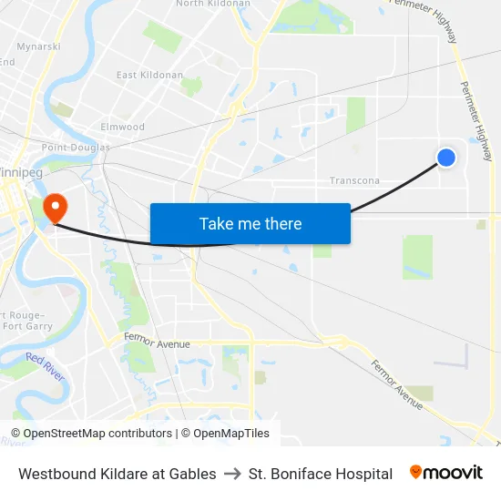 Westbound Kildare at Gables to St. Boniface Hospital map