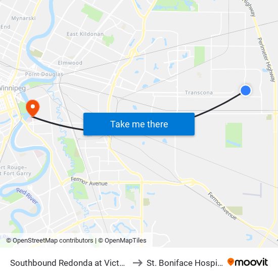 Southbound Redonda at Victoria to St. Boniface Hospital map