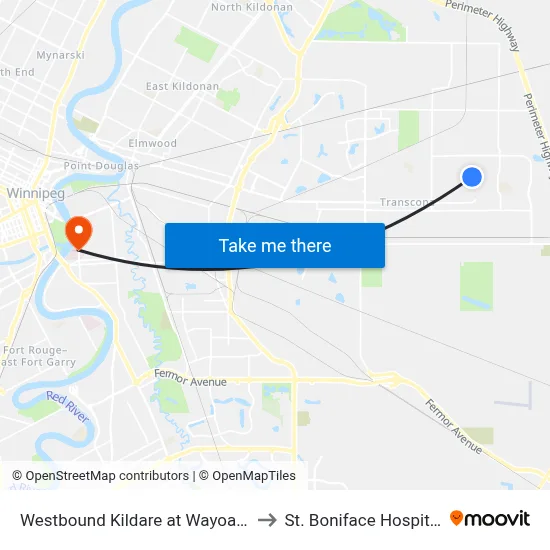 Westbound Kildare at Wayoata to St. Boniface Hospital map