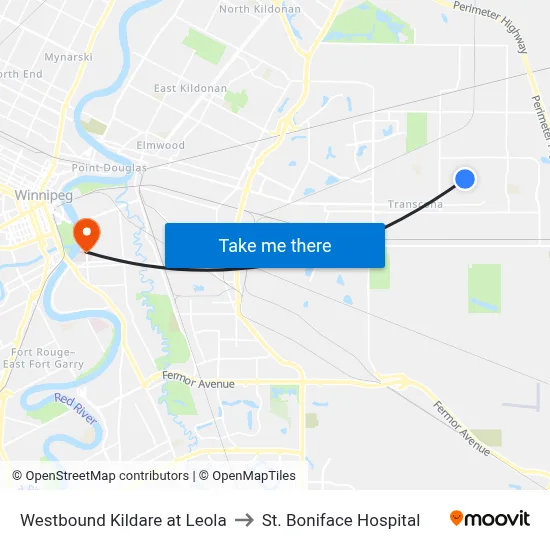 Westbound Kildare at Leola to St. Boniface Hospital map