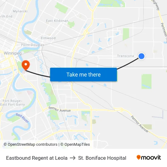 Eastbound Regent at Leola to St. Boniface Hospital map