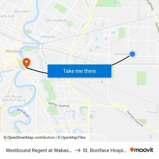 Westbound Regent at Wabasha to St. Boniface Hospital map
