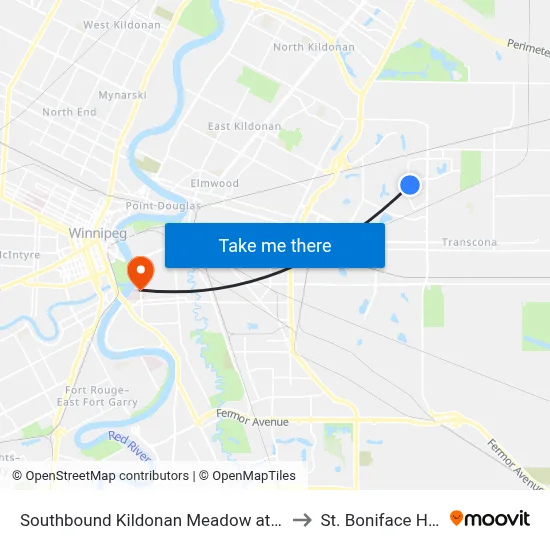 Southbound Kildonan Meadow at Stoney Lake to St. Boniface Hospital map