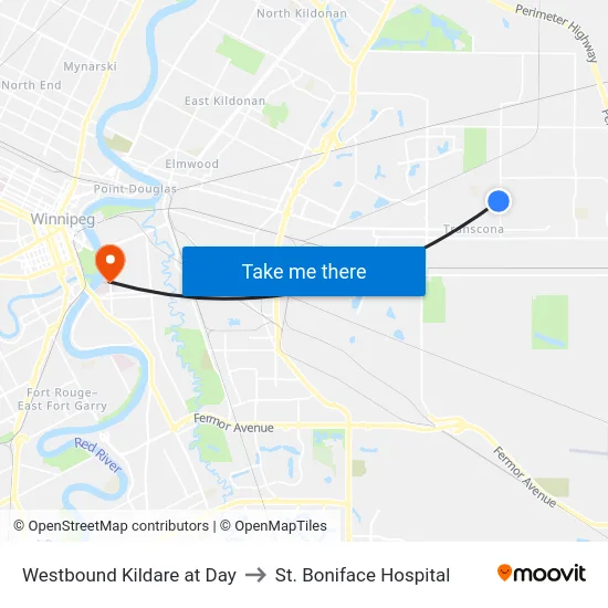 Westbound Kildare at Day to St. Boniface Hospital map