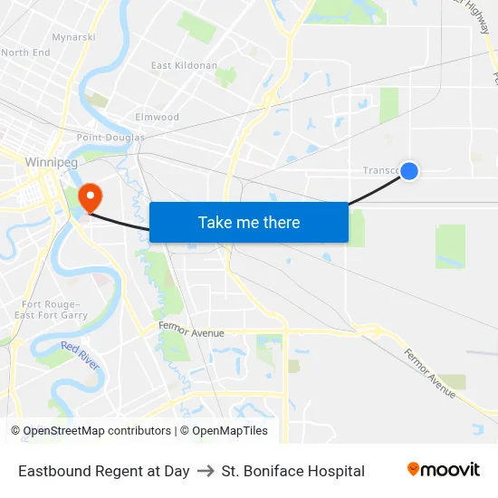 Eastbound Regent at Day to St. Boniface Hospital map
