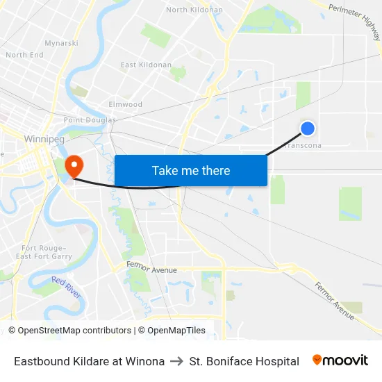 Eastbound Kildare at Winona to St. Boniface Hospital map