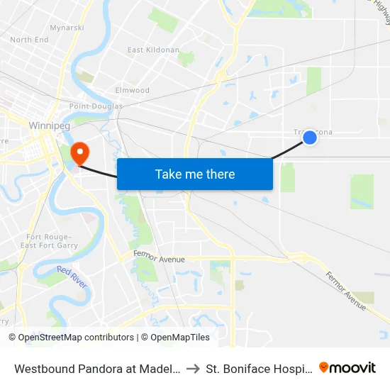 Westbound Pandora at Madeline to St. Boniface Hospital map