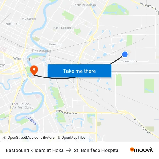 Eastbound Kildare at Hoka to St. Boniface Hospital map
