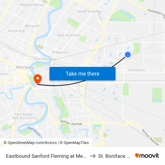 Eastbound Sanford Fleming at Meadow Gate East to St. Boniface Hospital map