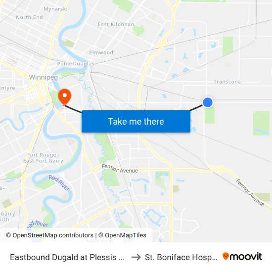 Eastbound Dugald at Plessis East to St. Boniface Hospital map