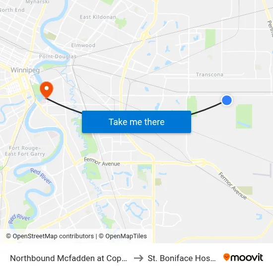 Northbound Mcfadden at Copeland to St. Boniface Hospital map