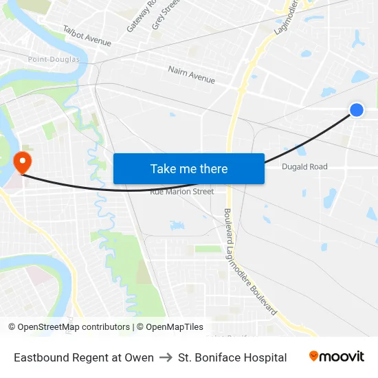 Eastbound Regent at Owen to St. Boniface Hospital map