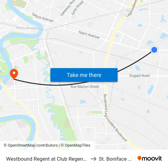 Westbound Regent at Club Regent (Park & Ride) to St. Boniface Hospital map