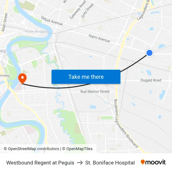 Westbound Regent at Peguis to St. Boniface Hospital map