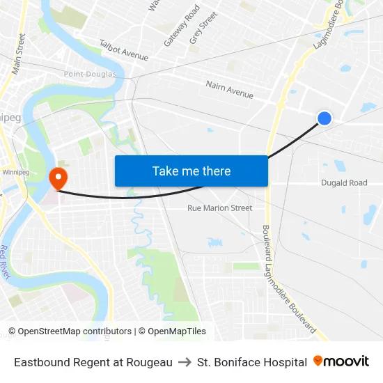 Eastbound Regent at Rougeau to St. Boniface Hospital map