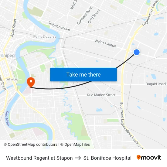 Westbound Regent at Stapon to St. Boniface Hospital map